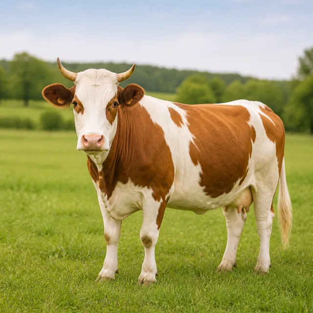 Gentle brown and white cow in a meadow for the bilingual Cow and गाई lesson