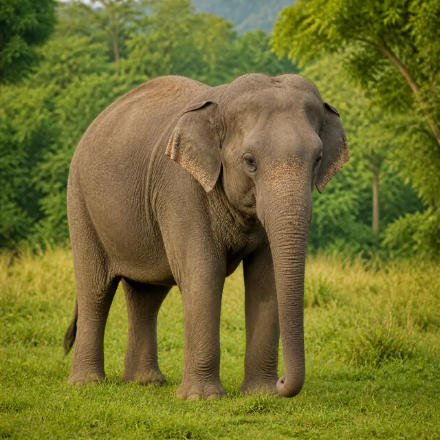Asian elephant standing calmly in a green meadow for the bilingual Elephant and हात्ती lesson
