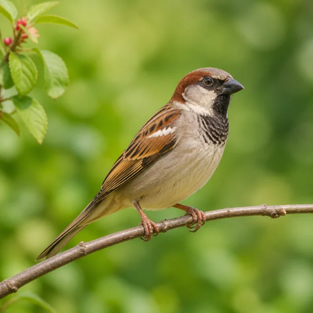 House sparrow on a garden branch for the bilingual Sparrow and भँगेरा lesson